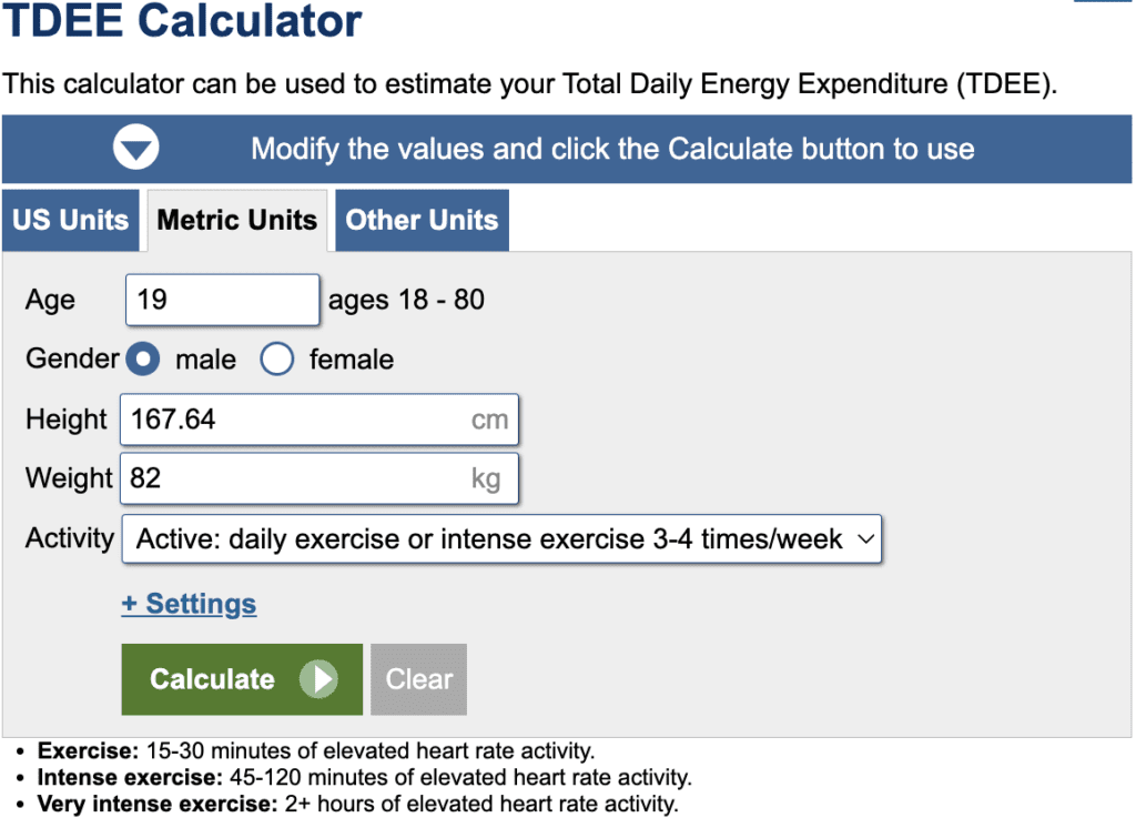 online calculator for Total Daily Energy Expenditure (TDEE)
